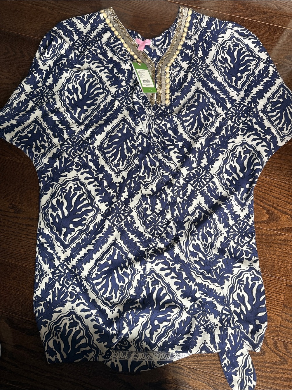 Lilly Pulitzer Navy and White Printed V-Neck Tunic with Beaded Trim